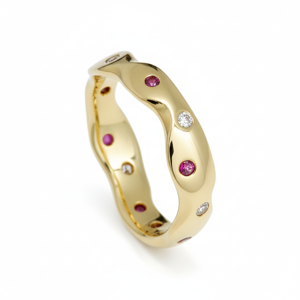 Carved 18ct Gold Diamond & Ruby Eternity Ring