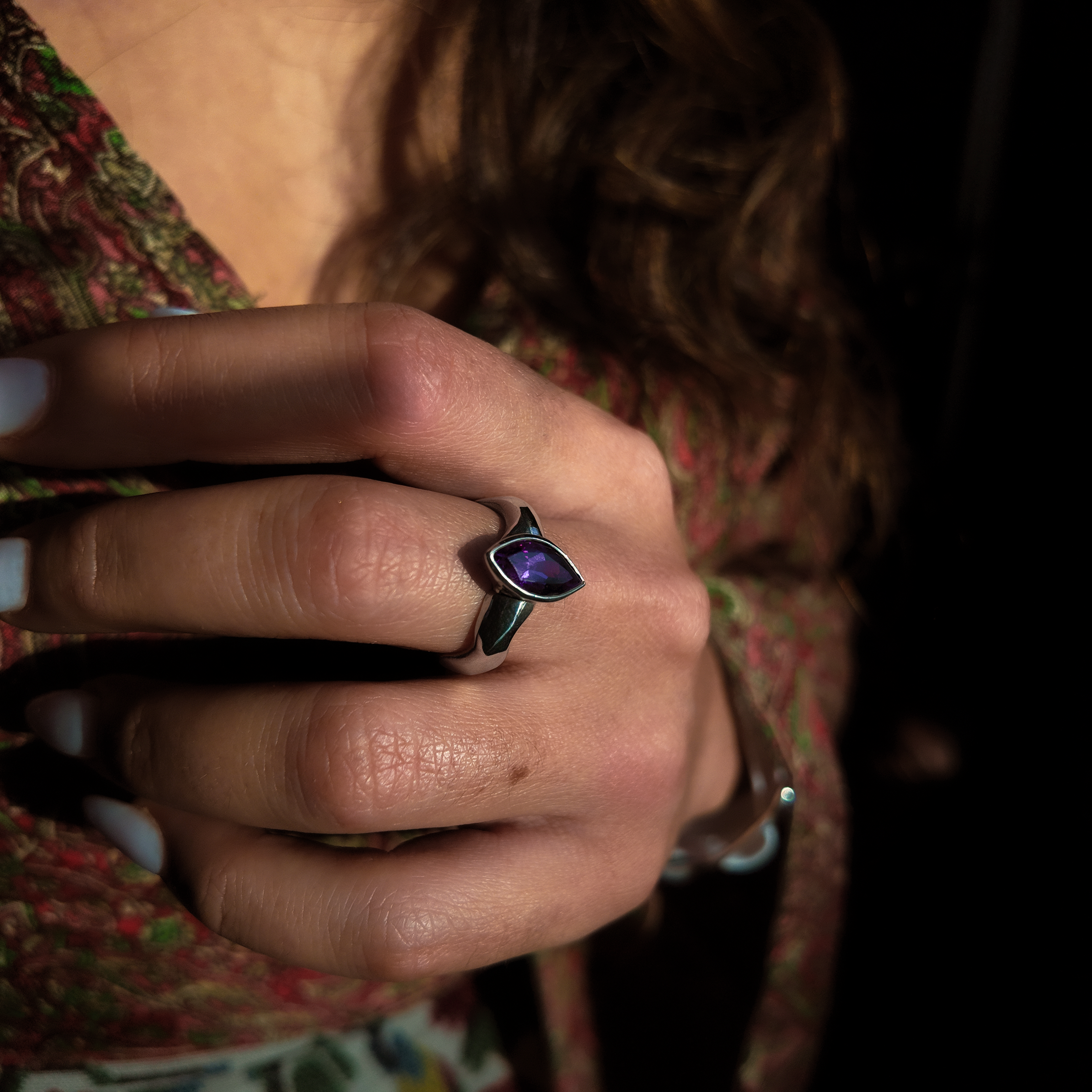 Carved Silver Marquise Gemstone Ring