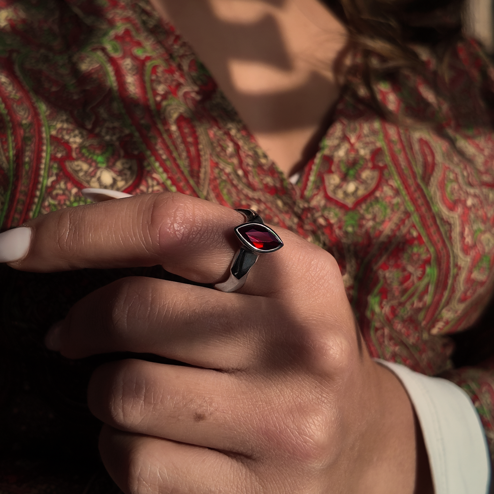 Carved Silver Marquise Gemstone Ring
