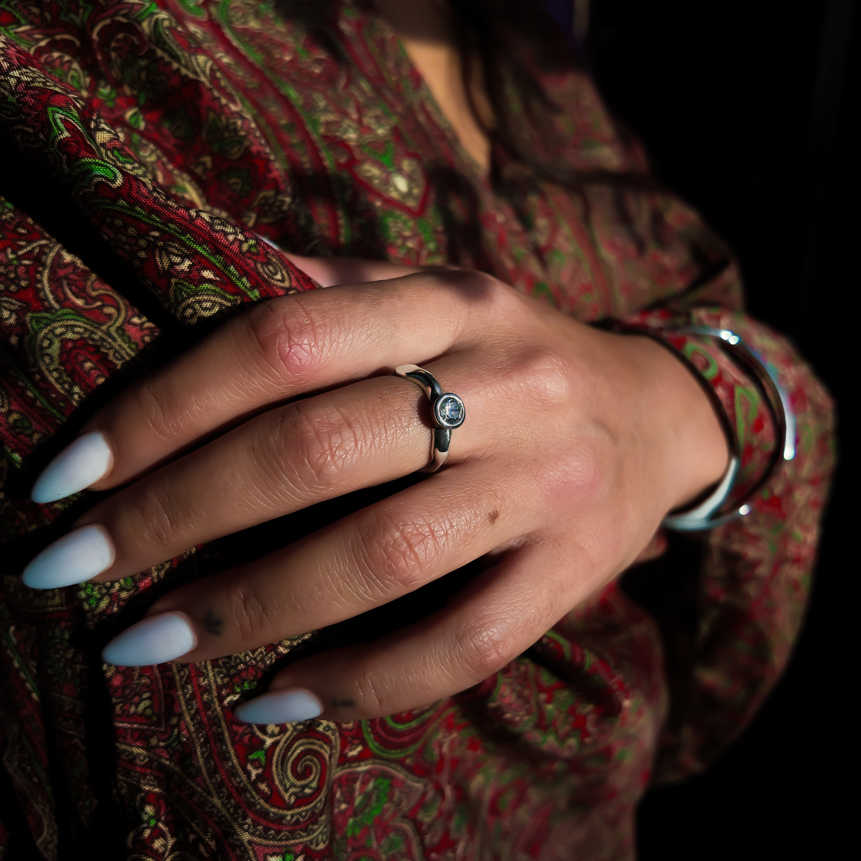 Carved Silver Small Round Gemstone Ring