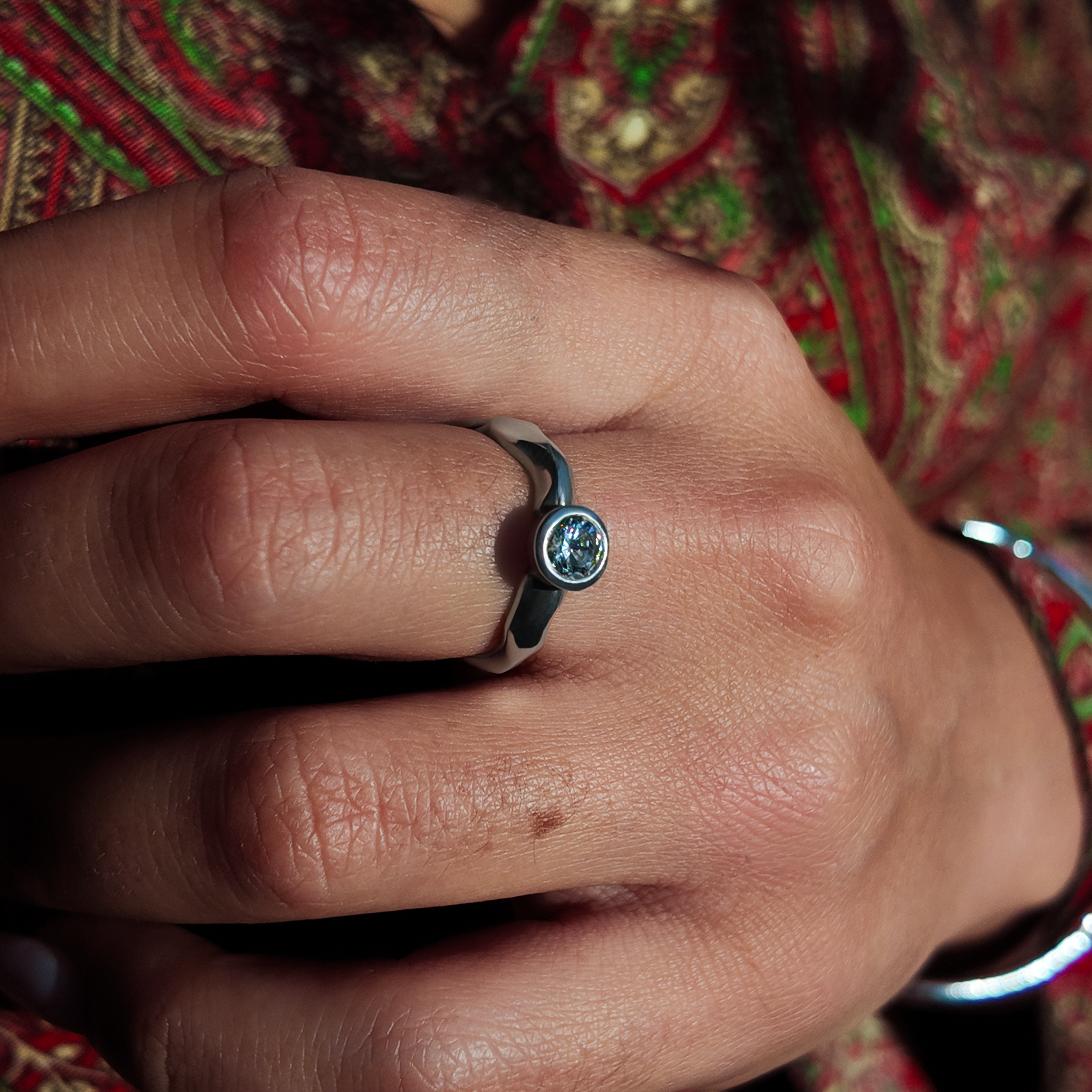 Carved Silver Small Round Gemstone Ring