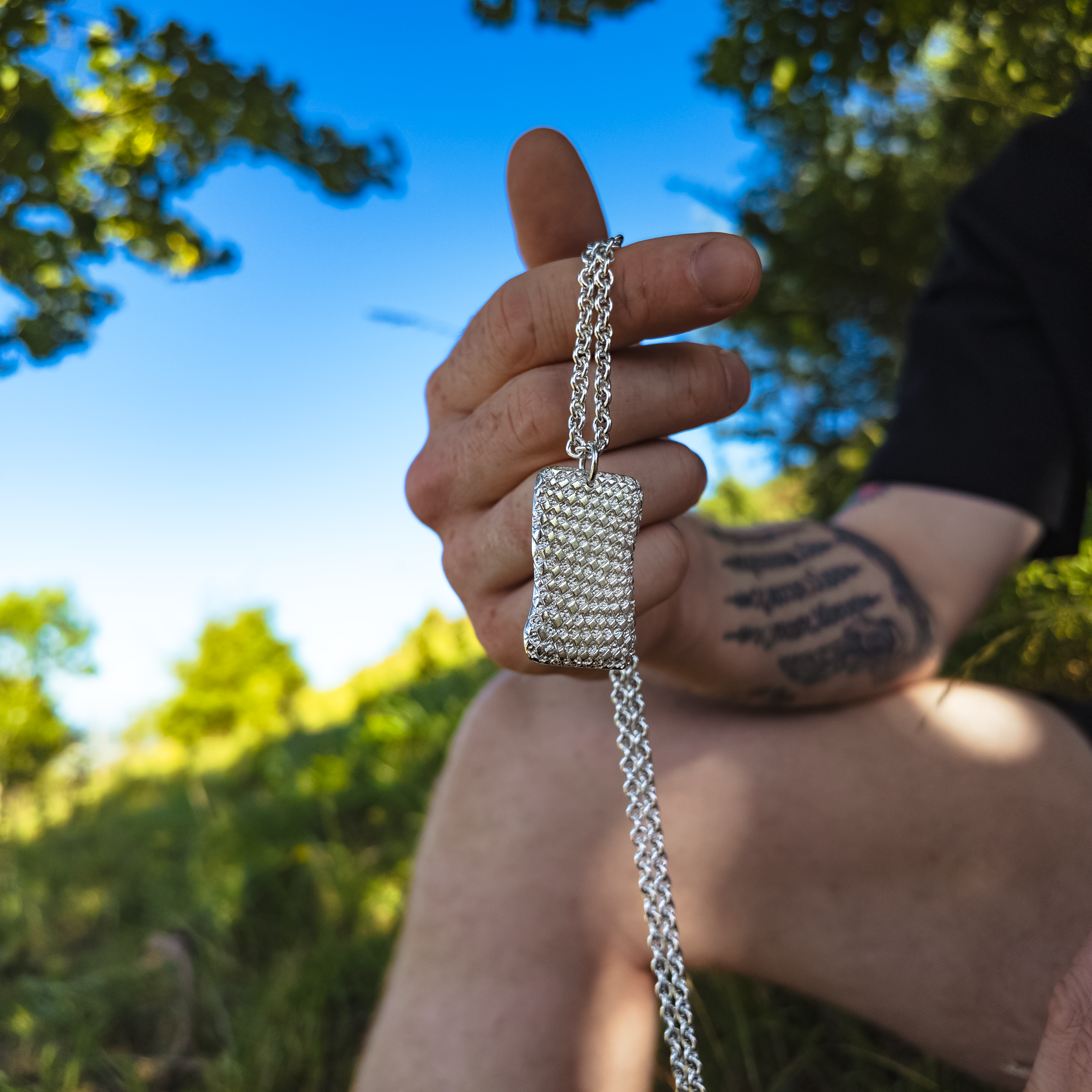 Chequered Large Silver Dog Tag Necklace