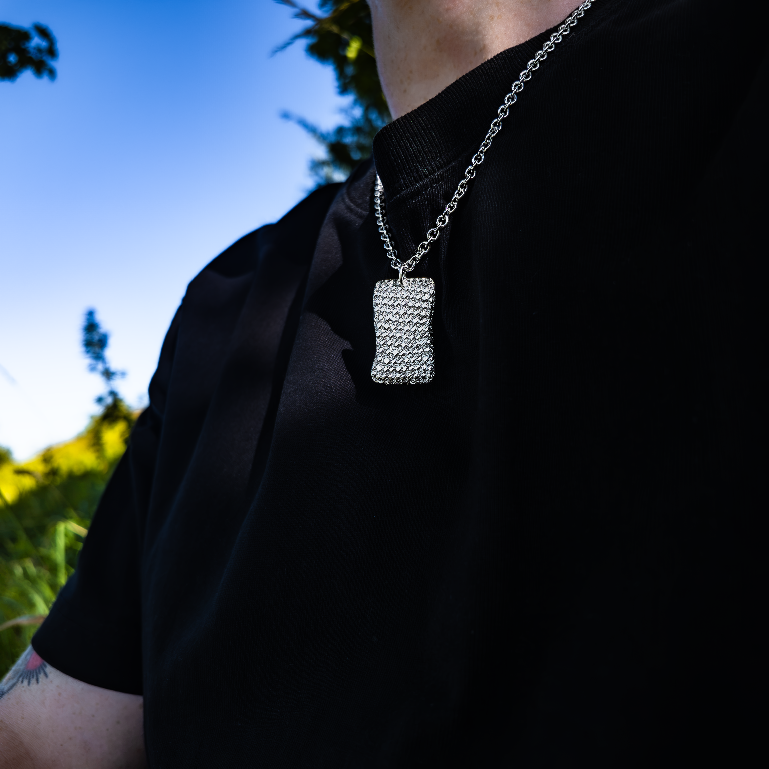Chequered Large Silver Dog Tag Necklace