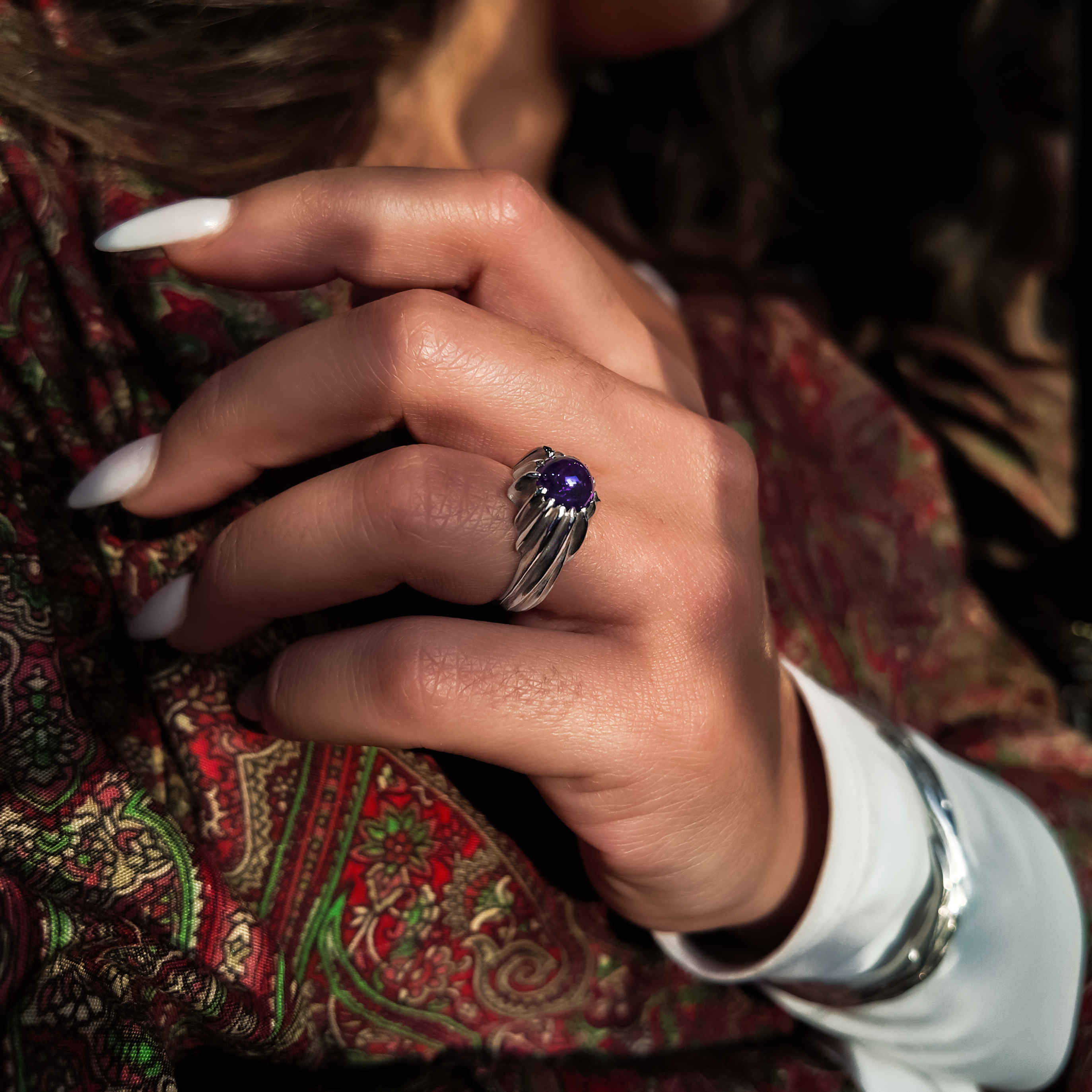 Forest Silver Round Gemstone Ring