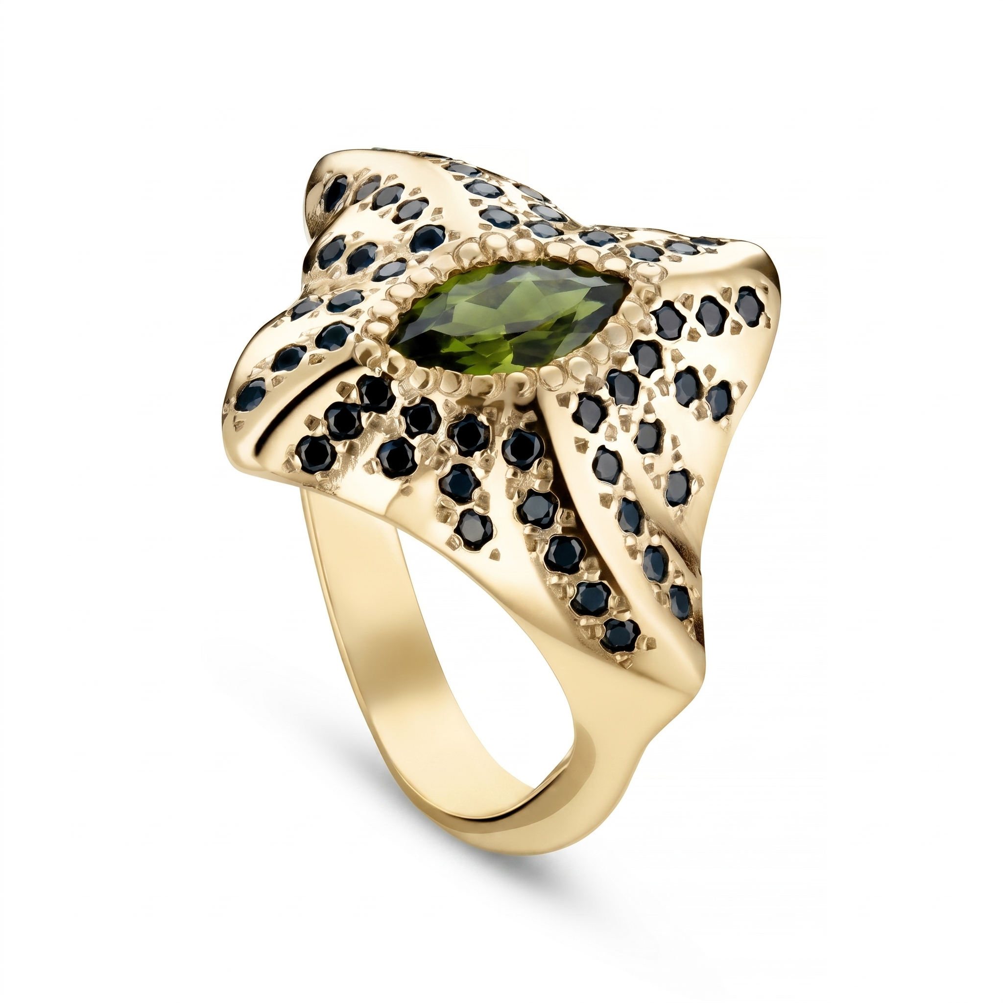 Manta Ray 9ct Gold Ring with Tourmaline and Black Diamonds