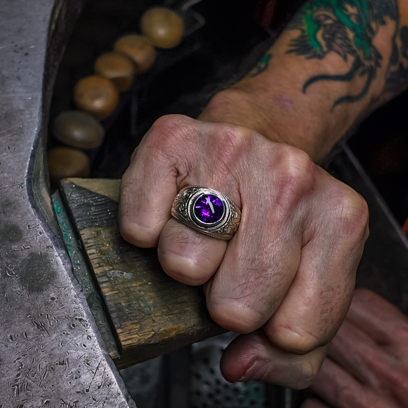 Hoye Division Traditional Engraved Amethyst Signet Ring