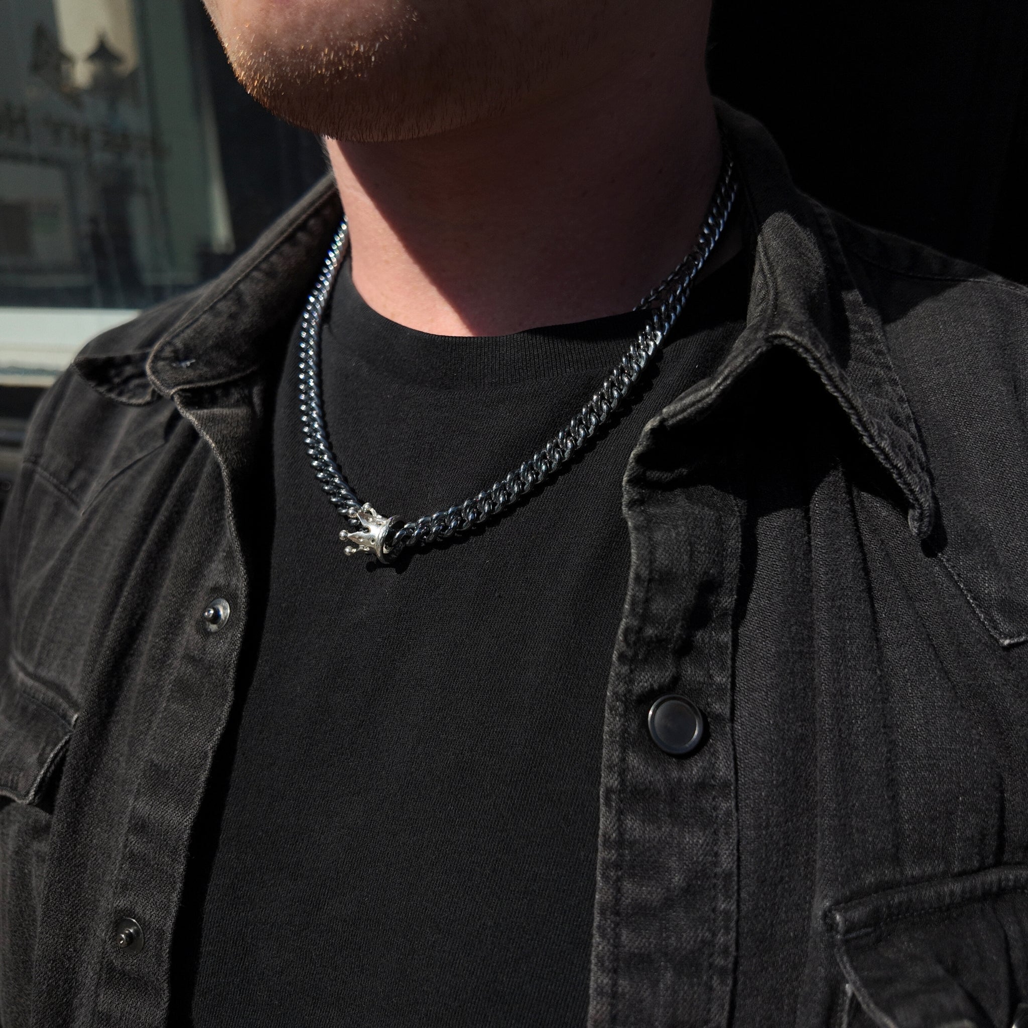 King & Queen crown necklace oxidised chain around neck