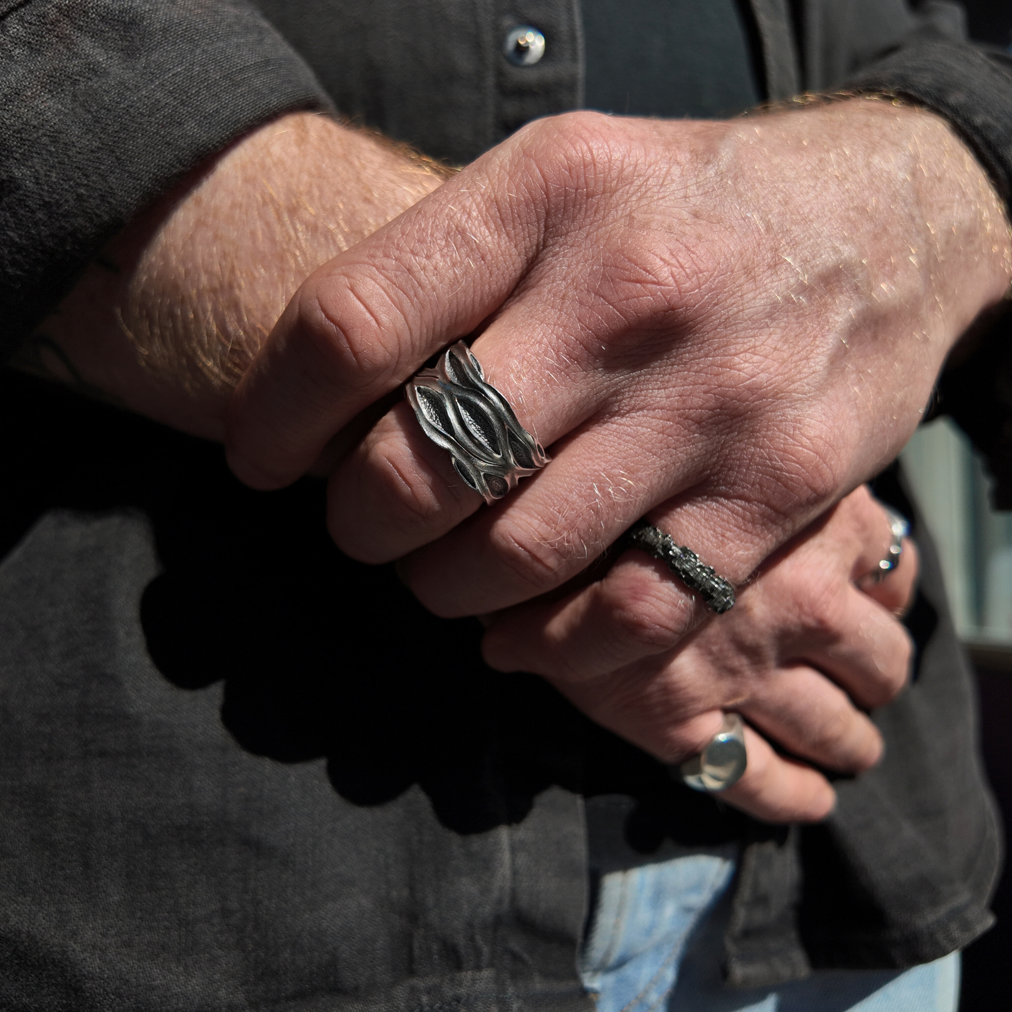 Libertine 13mm silver ring oxidised finish on hand