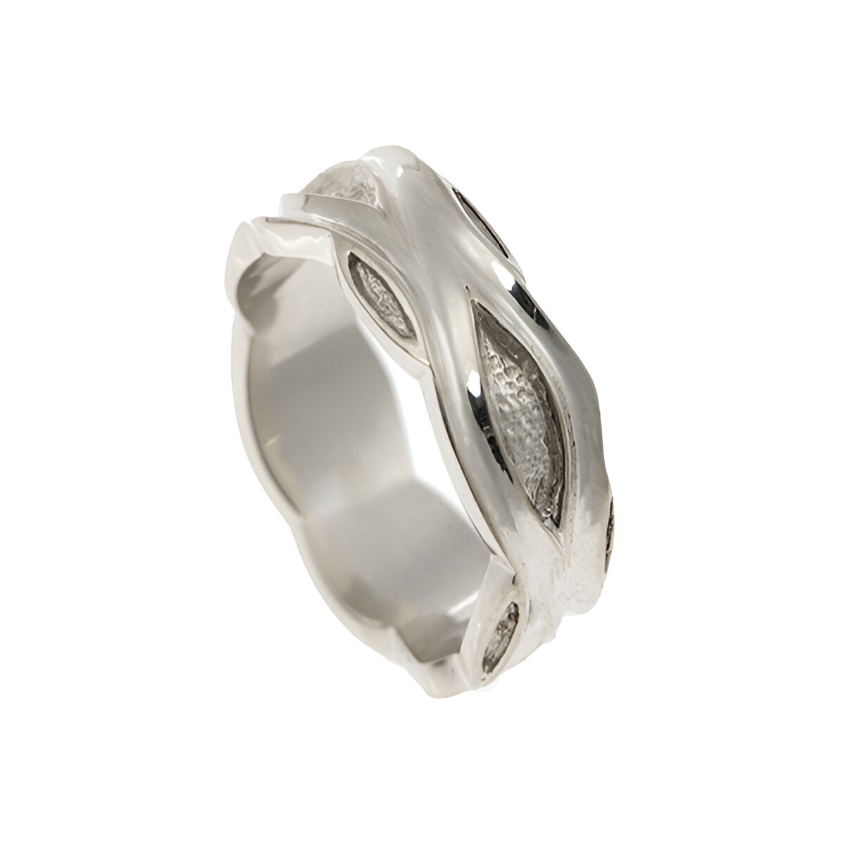 Handmade by Jeremy Hoye in 9ct or 18ct white gold, this piece is decorated with textured inlaid detail and smooth, curved edges.