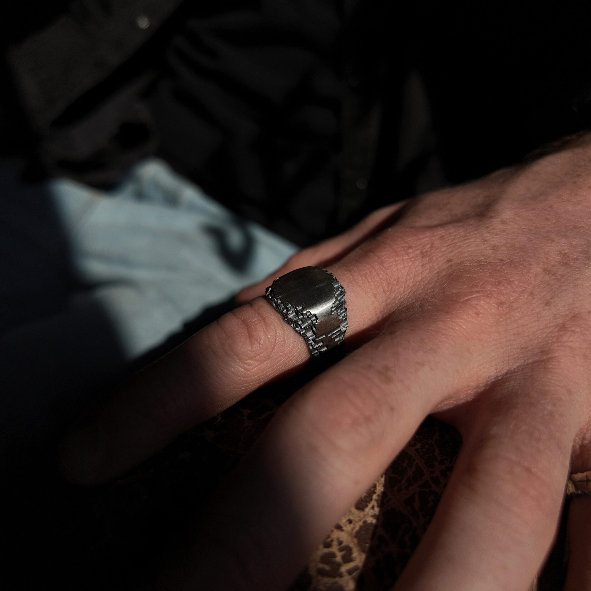 Luna large signet ring oxidised finish on hand