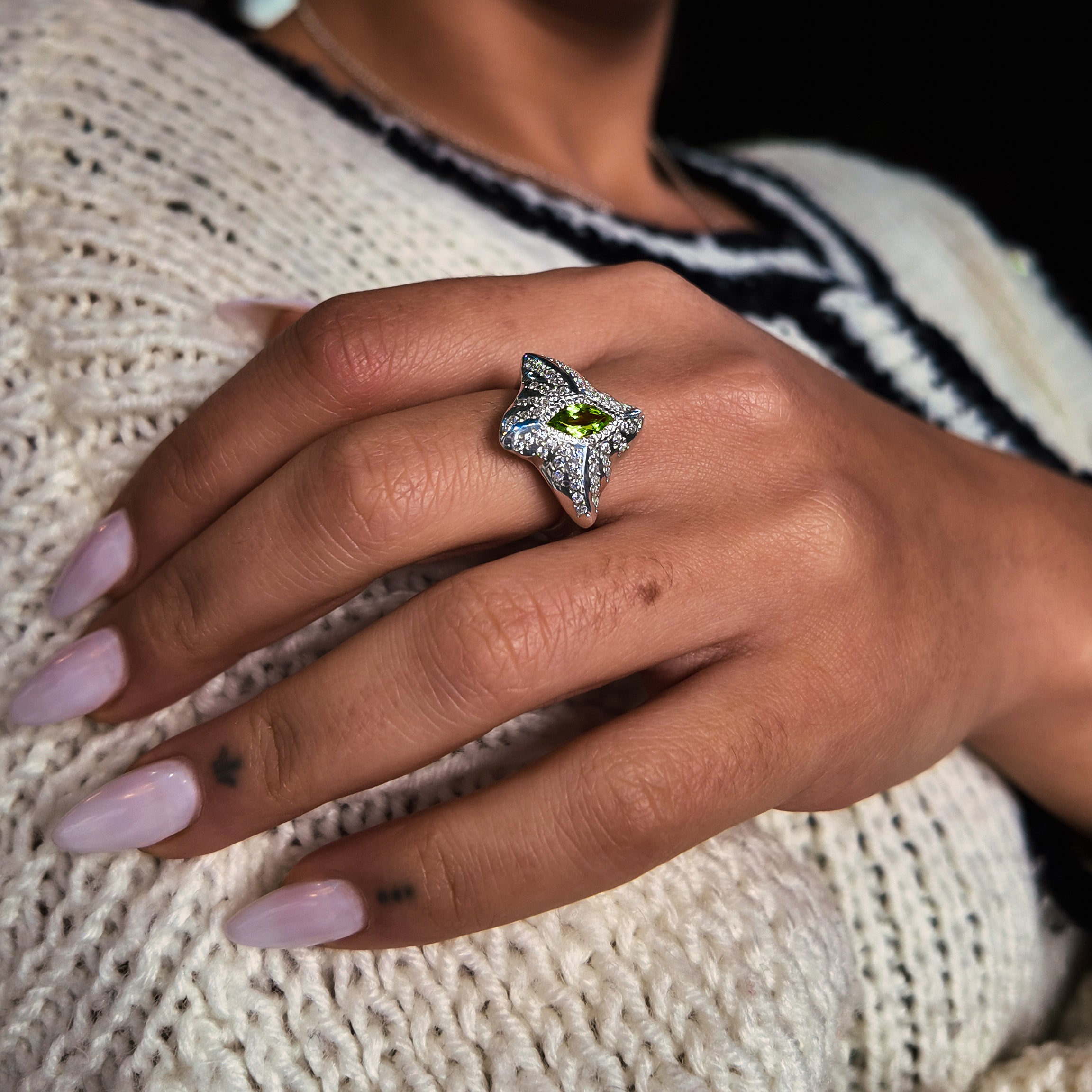 Manta Ray Silver Marquise Gemstone Ring - White Cubic Zirconias
