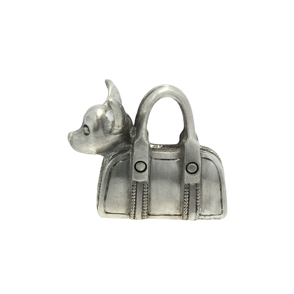 Hand carved in solid silver by Jeremy Hoye, Bruno the chihuahua sits in a tiny handbag which measures 15mm x 15mm. Designed to work on both bracelet and necklace.