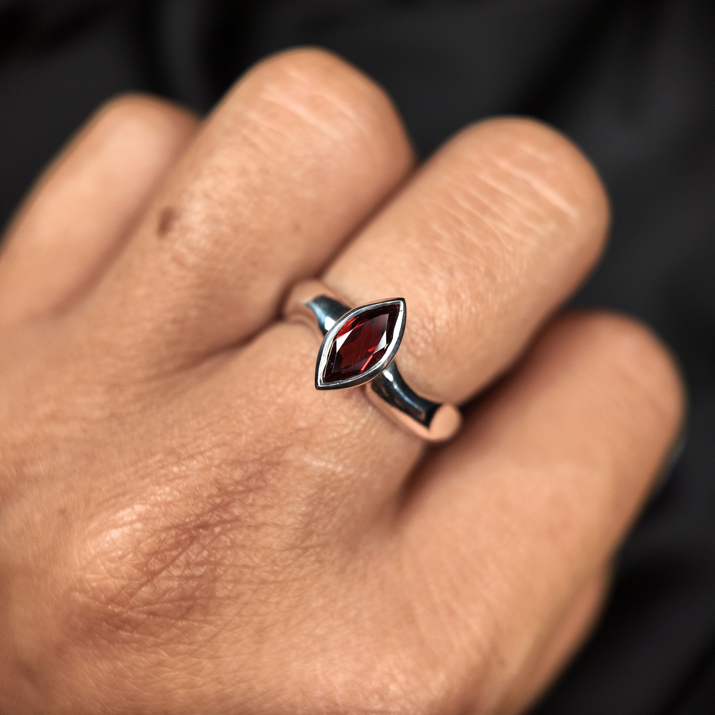 Carved Silver Small Marquise Gemstone Ring