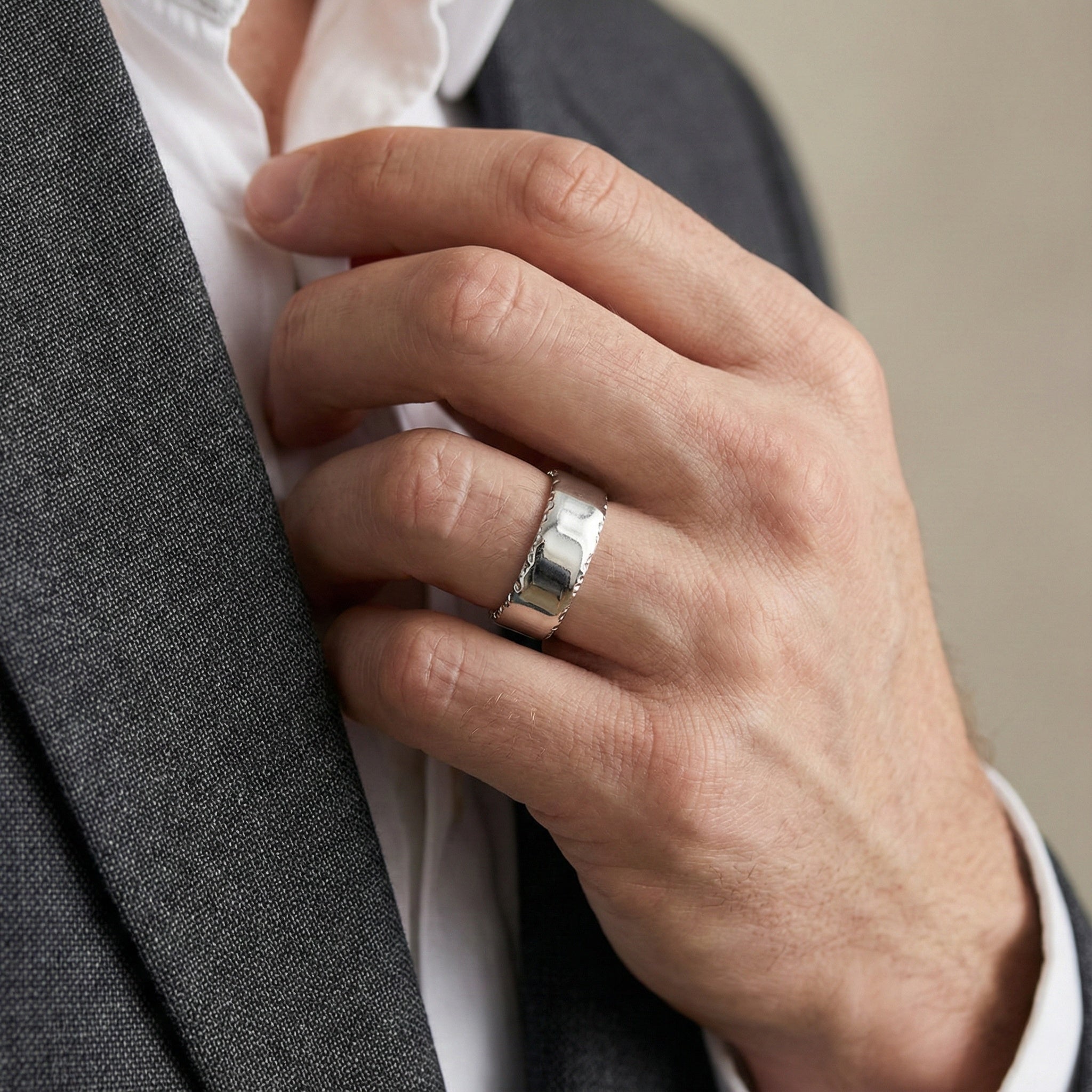 Trinity Platinum 8mm Textured Edge Ring | Jeremy Hoye Jewellery