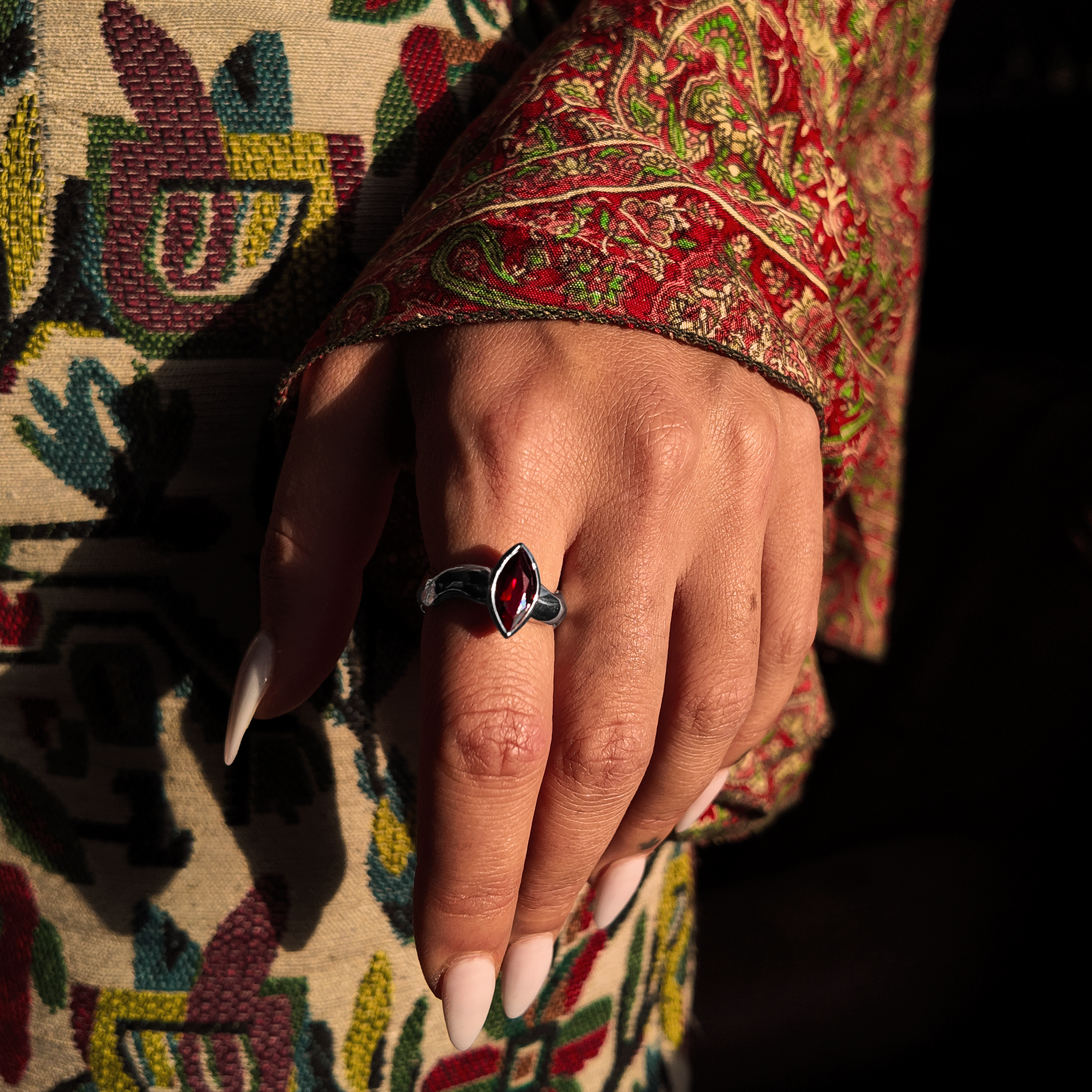 Carved Silver Marquise Gemstone Ring