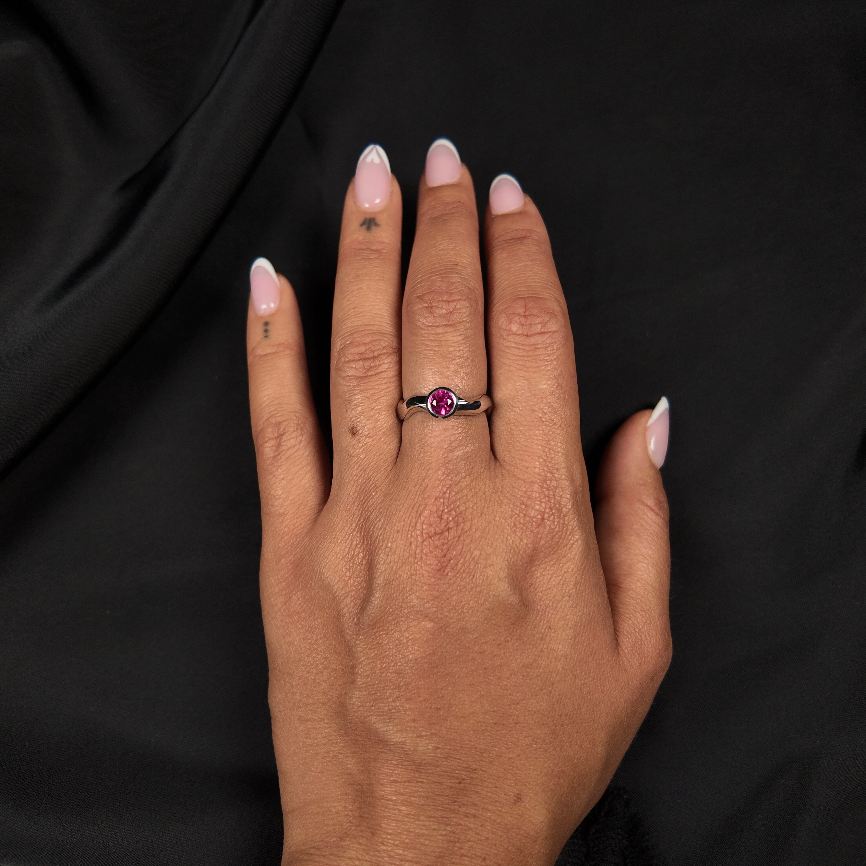 Carved Silver Small Round Gemstone Ring