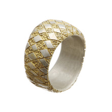Chequered Silver Curved Ring with Gold Plate
