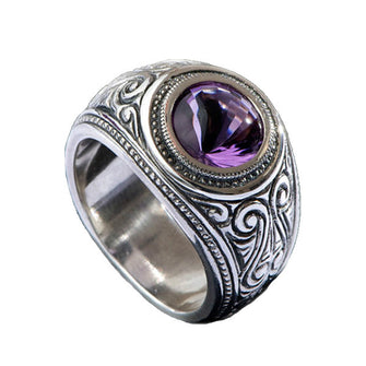 Hoye Division Traditional Engraved Amethyst Centre Round Signet Ring