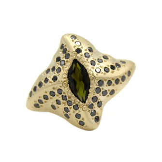 Manta Ray 9ct Gold Ring with Tourmaline and Black Diamonds
