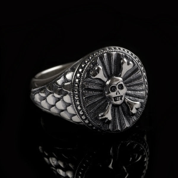 Engraved Skull and Crossbones silver band ring